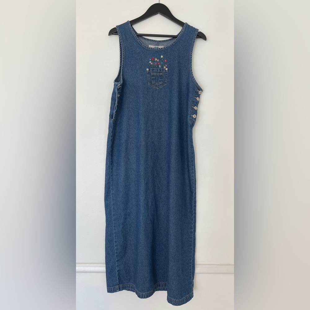 Vintage True Blue Casual Sportswear Embroidered Flower Long Denim Dress Size M